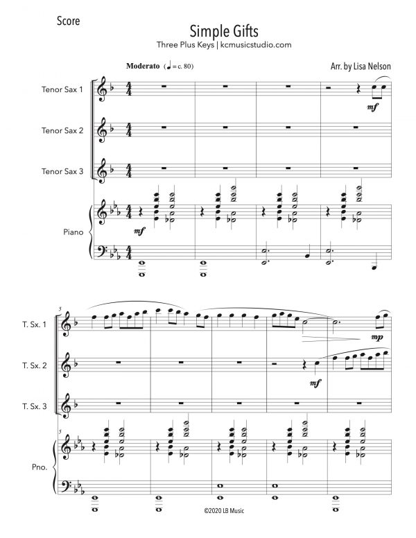 Simple Gifts - Tenor Sax Trio (Three Plus Keys)